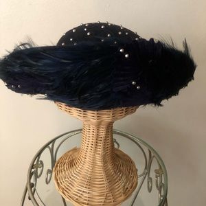 Mr. John Vintage navy blue felt hat with feathers & gold studs.